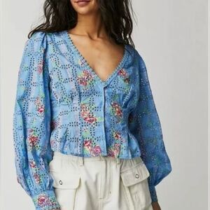 Free People Blue Baby Doll Floral Eyelet Puff Sleeve Blouse Sz S